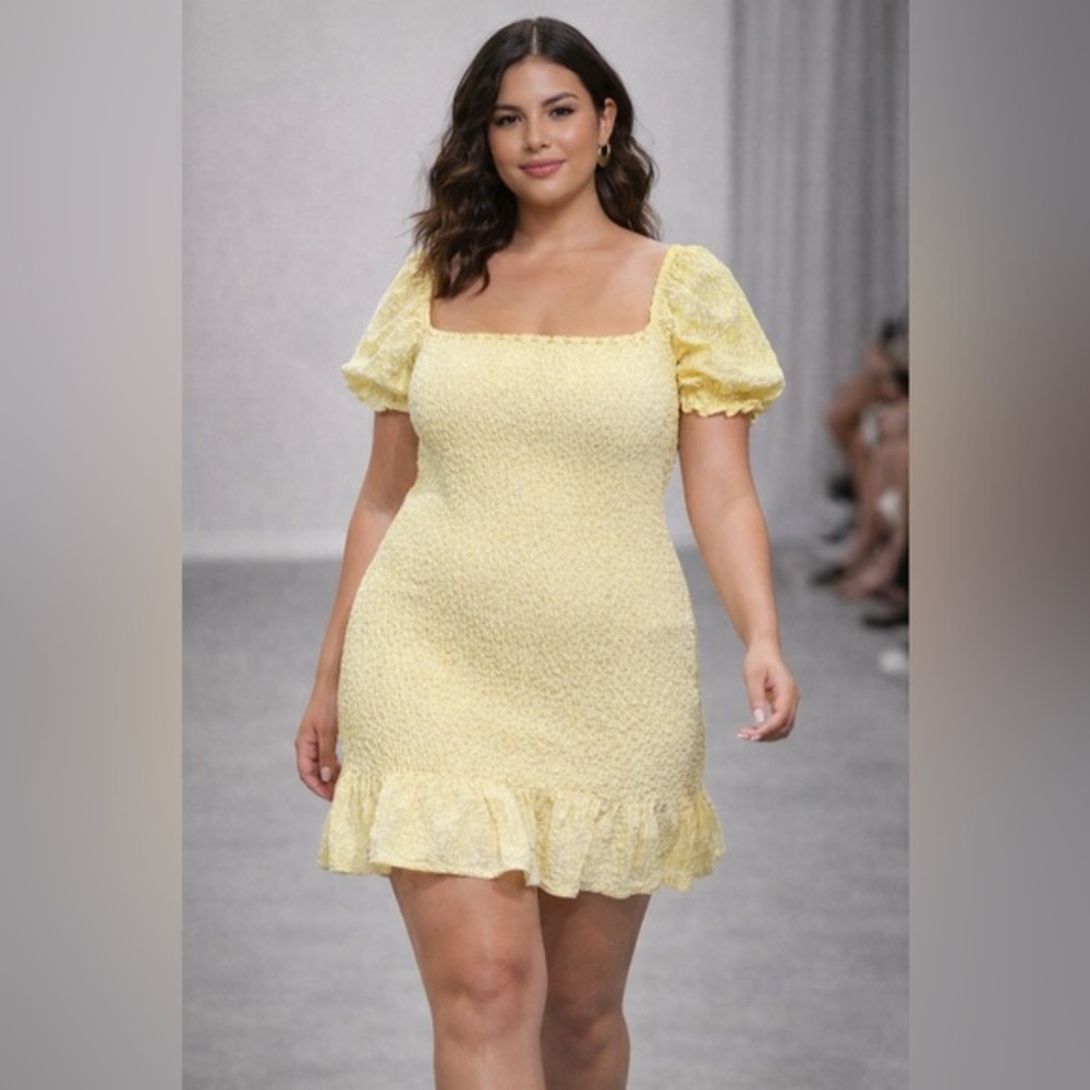 ZARA Yellow Smocked Mini Dress Puff Sleeve Ruffle Hem L